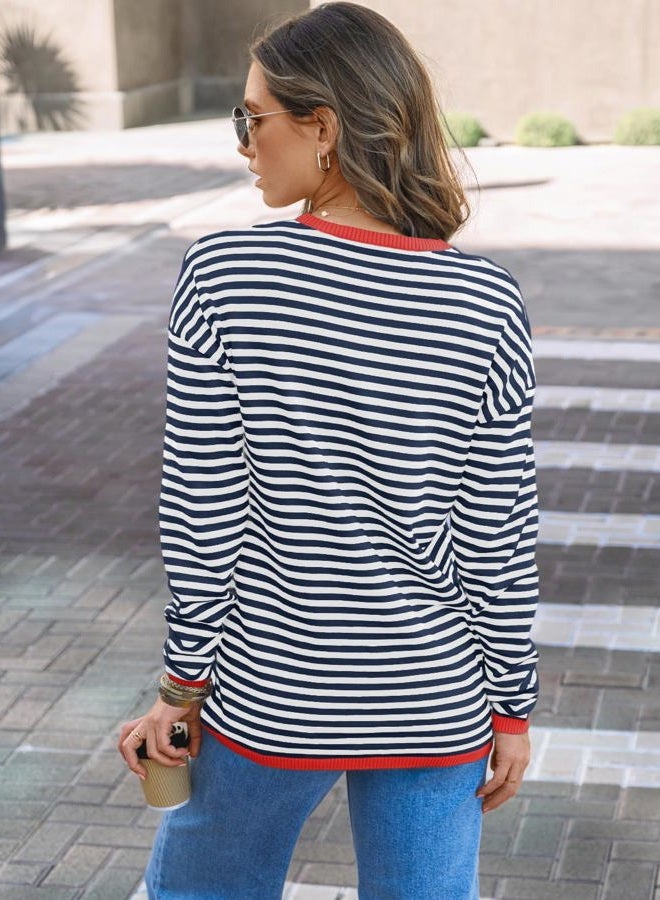 LILLUSORY Womens Striped Soft Knit Pullover Sweater Loose Fit Shirts with Chest Pocket, Red-striped Navy, XL - Image 4