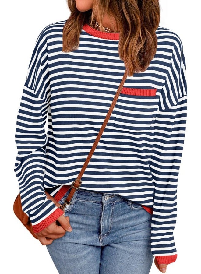 LILLUSORY Womens Striped Soft Knit Pullover Sweater Loose Fit Shirts with Chest Pocket, Red-striped Navy, XL - Image 1