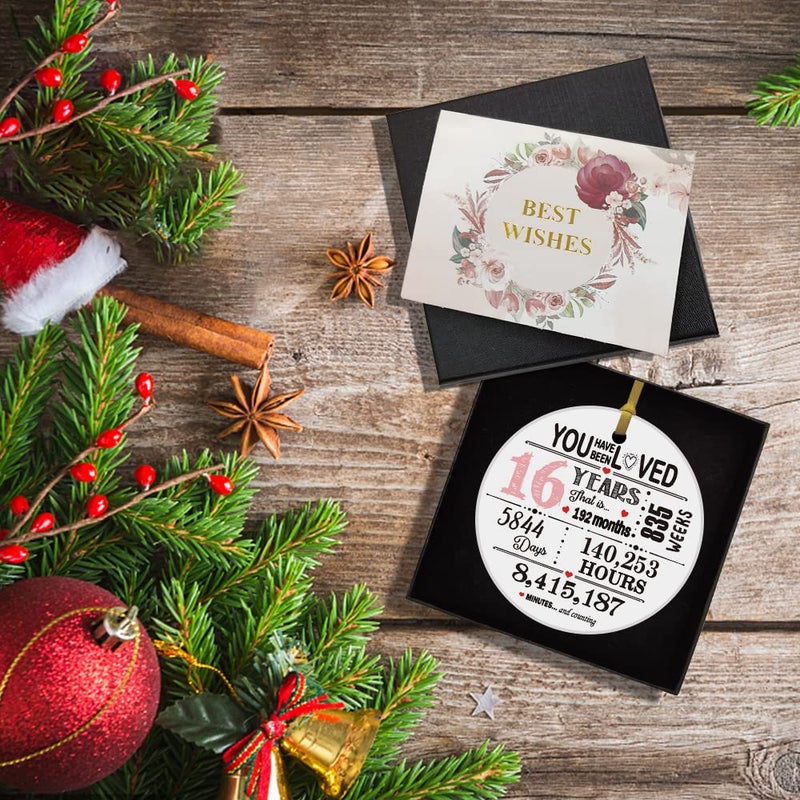 REWIDPARTY 16th Birthday Ornament Keepsake Personalized Birthday Gifts Idea Decoration for Teenagers Round Plaque Keepsake Happy for 16 Years 3"" Circle Ceramic Ornament with Gold Ribbon & Gift Box - Image 5