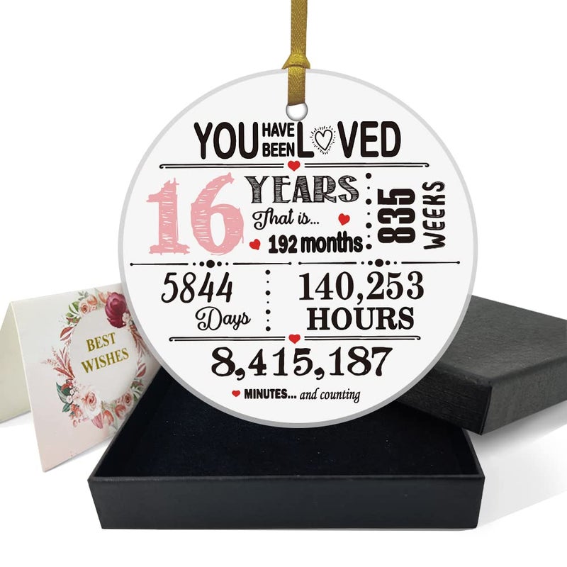 REWIDPARTY 16th Birthday Ornament Keepsake Personalized Birthday Gifts Idea Decoration for Teenagers Round Plaque Keepsake Happy for 16 Years 3"" Circle Ceramic Ornament with Gold Ribbon & Gift Box - Image 1