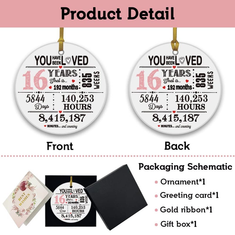 REWIDPARTY 16th Birthday Ornament Keepsake Personalized Birthday Gifts Idea Decoration for Teenagers Round Plaque Keepsake Happy for 16 Years 3"" Circle Ceramic Ornament with Gold Ribbon & Gift Box - Image 2