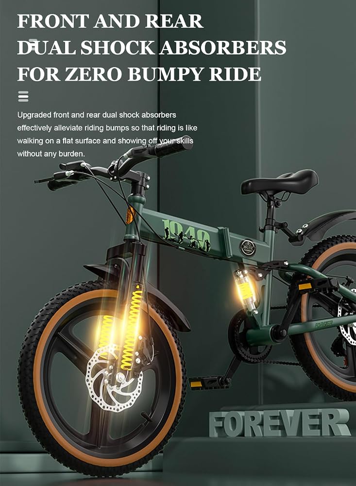 Sharpdo Kids Bike 18 Inch Foldable Mountain Bicycle High-Carbon Steel with Single-Speed Spoked Wheels, Boys and Girls Bike, Dual Disc Brakes, Adjustable Seat,Front Suspension Alloy, Green - Image 2
