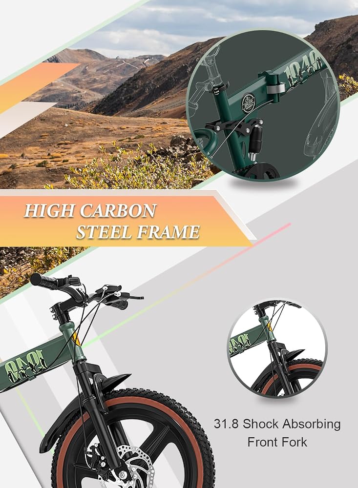 Sharpdo Kids Bike 18 Inch Foldable Mountain Bicycle High-Carbon Steel with Single-Speed Spoked Wheels, Boys and Girls Bike, Dual Disc Brakes, Adjustable Seat,Front Suspension Alloy, Green - Image 5