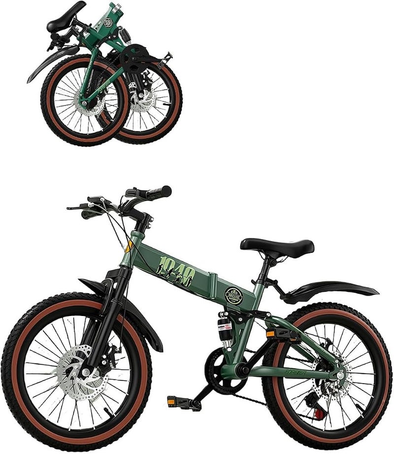 Sharpdo Kids Bike 18 Inch Foldable Mountain Bicycle High-Carbon Steel with Single-Speed Spoked Wheels, Boys and Girls Bike, Dual Disc Brakes, Adjustable Seat,Front Suspension Alloy, Green - Image 1