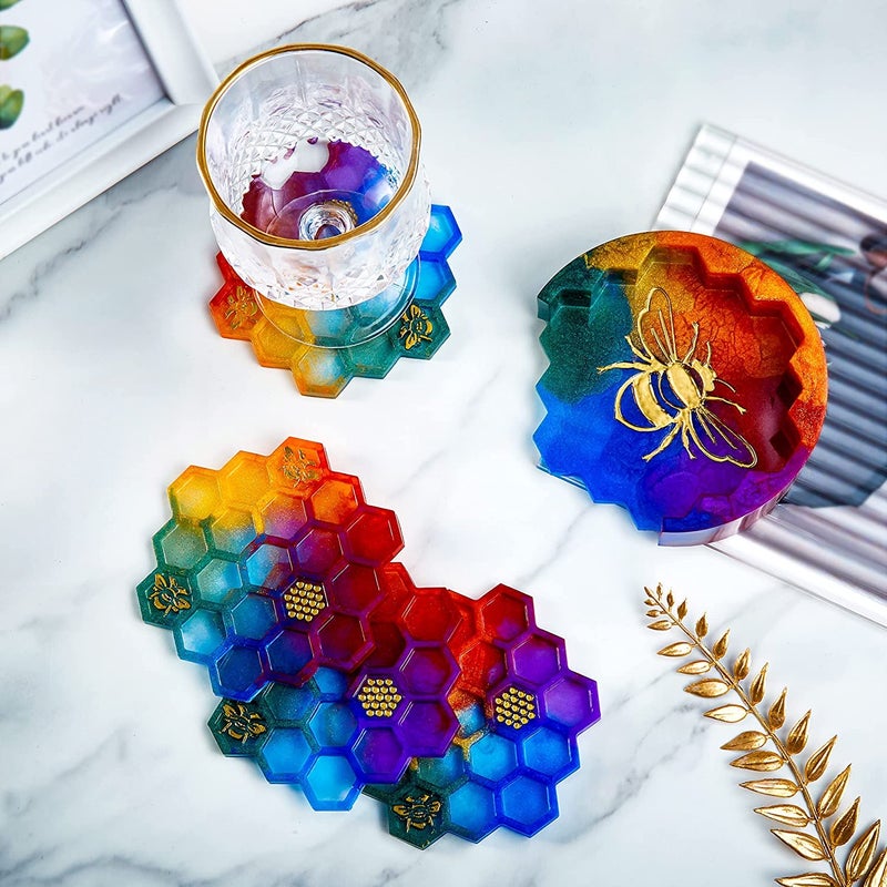 EnaMeena 4 Pack Honeycomb Coasters 4inch Silicone molds Ideal for epoxy Resin Casting Perfect for DIY Projects Home Decor Dining Areas Valentines Day and Seasonal Crafts