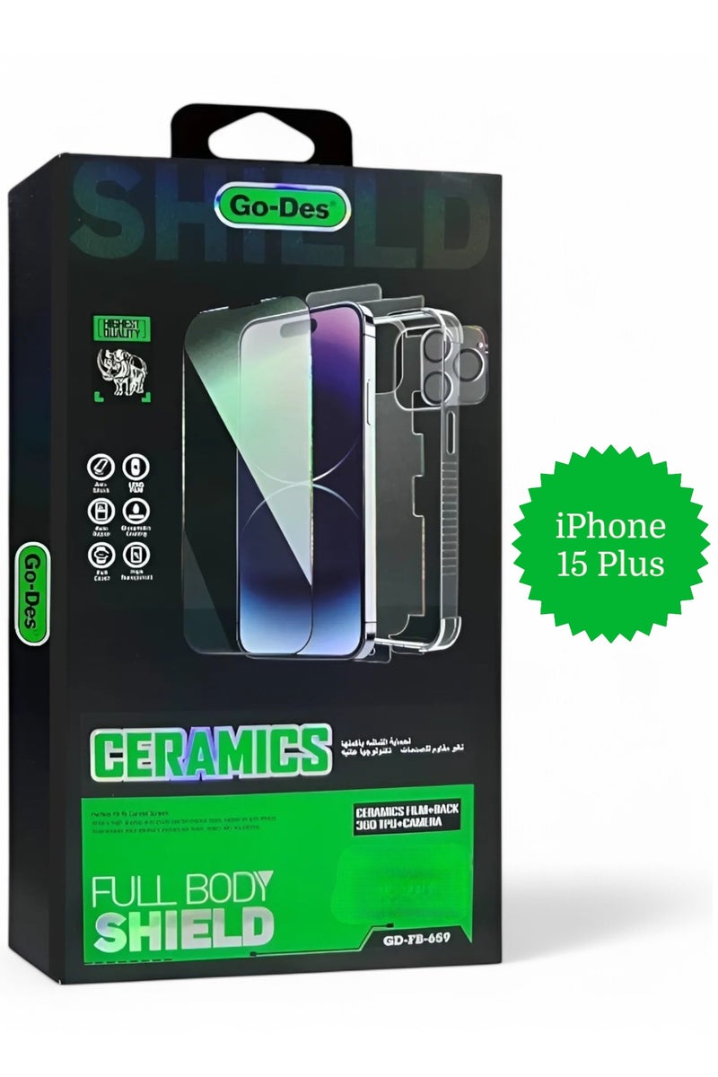 GO-DES Full protection package for iPhone 15 Plus, Protective case made of high-quality materials, high-definition screen protection, camera lens protector, phone back protector, maximum protection against scratches and breakage.