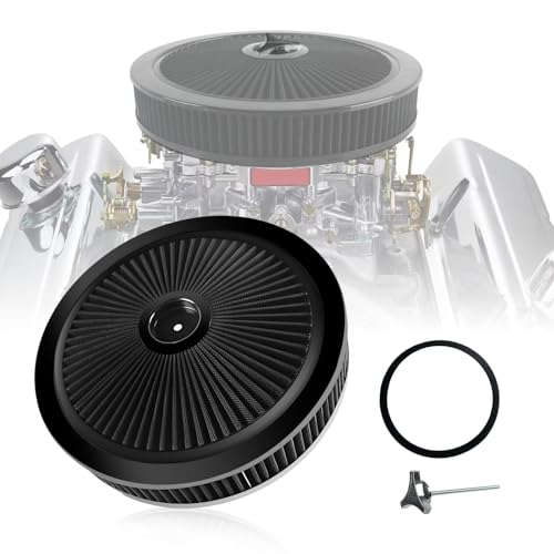 Ryansunoro High Flow 14"x3" Round Air Cleaner filter Kit Compatible with GMC Chevy Ford Chrysler Dodge V8 5-1/8" Carb Neck Chrome Lid, Washable Filter, 4330ABK - Image 1