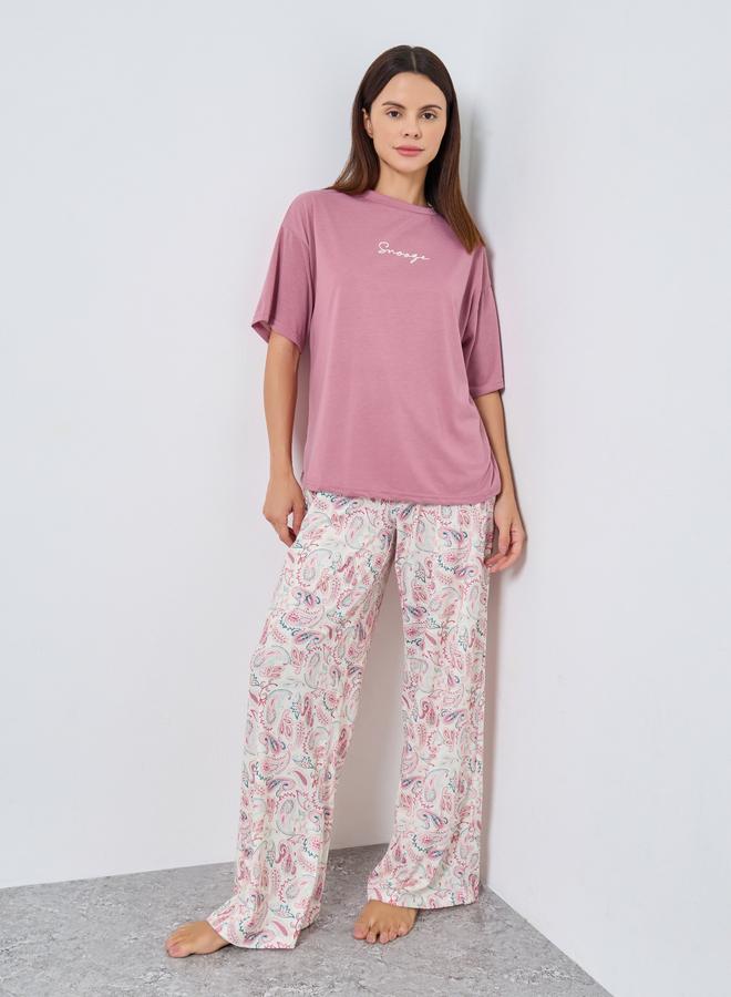 Styli Slogan T-Shirt and Paisley Print Pyjama Set - Image 1