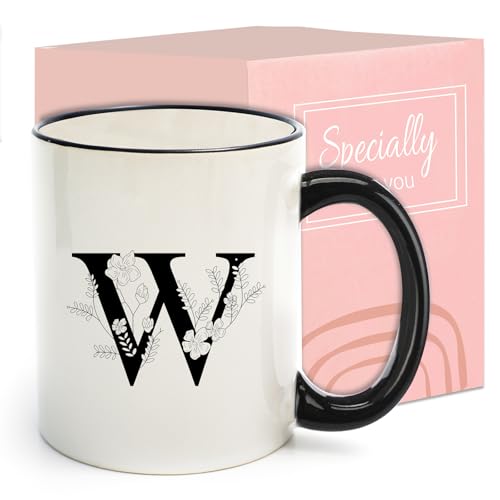 DHQH Monogram Ceramic Coffee Mugs, 11 oz Initial Drinking Cup with Gift Box, Unique Birthday Valentines Day Gifts for Women Wife Mothers Day Grandma Mom Aunt, W - Image 1
