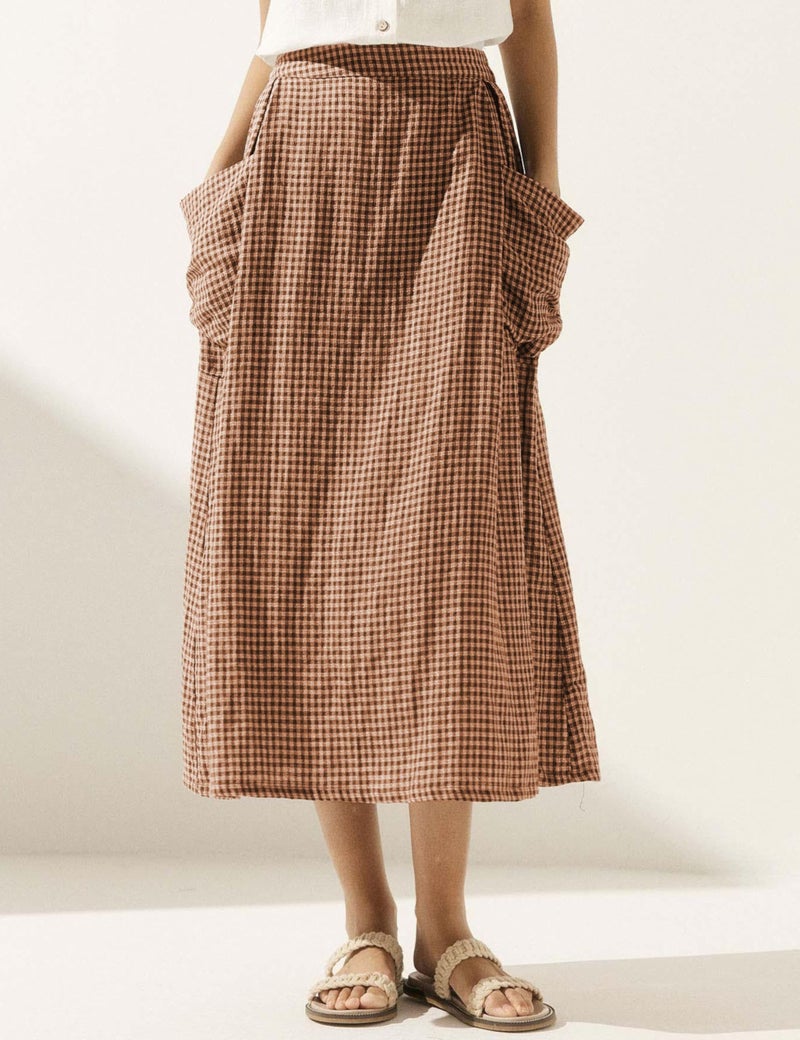 MISSACTIVER Plaid Skirts for Women Elastic Waist Midi Skirt with Pockets Vintage Flowy Gingham Long Skirt Brown - Image 2