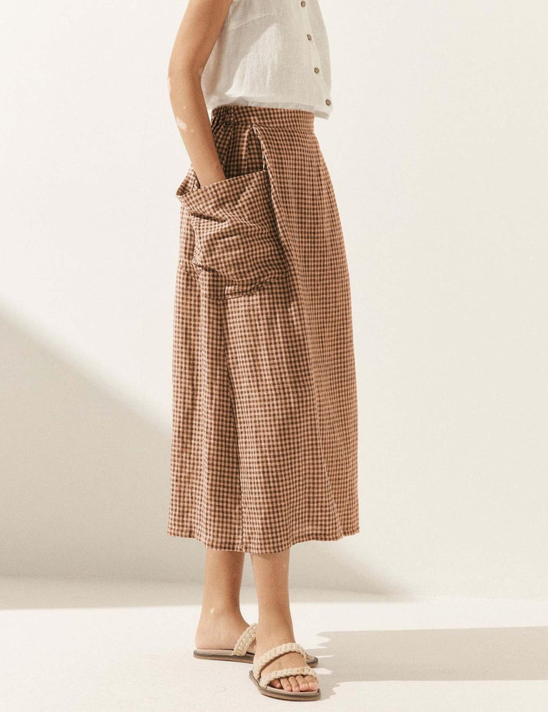 MISSACTIVER Plaid Skirts for Women Elastic Waist Midi Skirt with Pockets Vintage Flowy Gingham Long Skirt Brown - Image 4