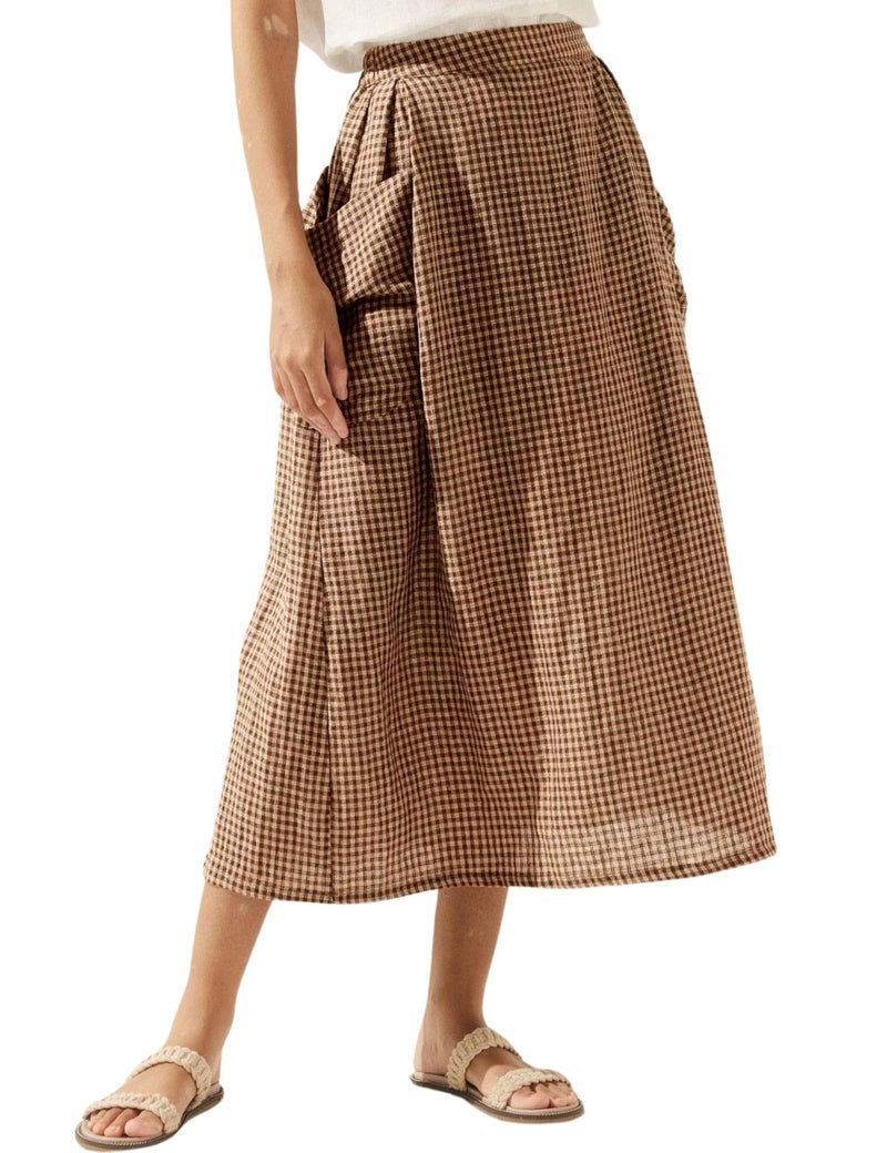 MISSACTIVER Plaid Skirts for Women Elastic Waist Midi Skirt with Pockets Vintage Flowy Gingham Long Skirt Brown - Image 1