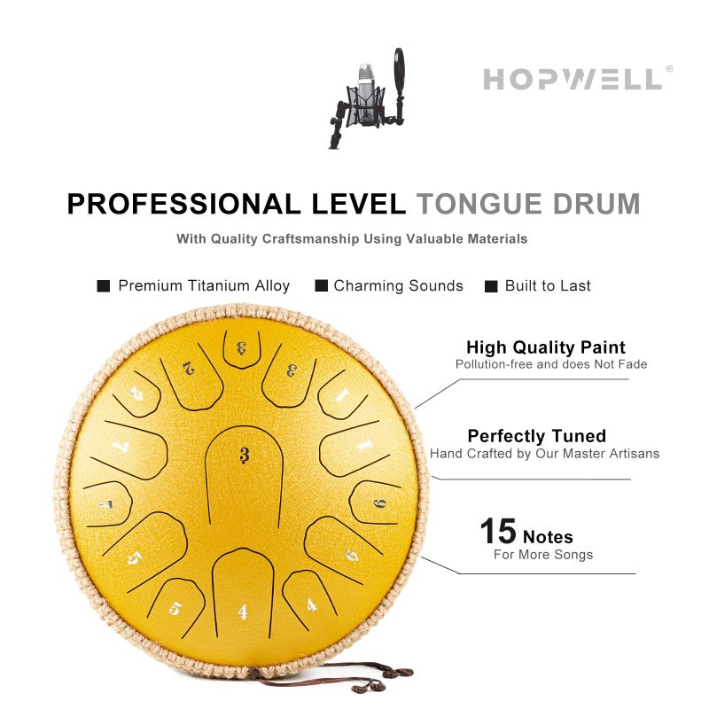 HOPWELL درام لسان ستيل هوبويل - 13 بوصة 15 نغمة - درام بان يدوي مع كتاب موسيقي، عصي درام وحقيبة حمل، مفتاح ري (أصفر) - Image 3