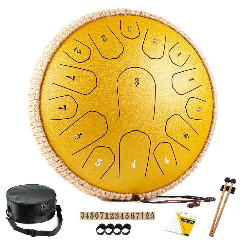 HOPWELL درام لسان ستيل هوبويل - 13 بوصة 15 نغمة - درام بان يدوي مع كتاب موسيقي، عصي درام وحقيبة حمل، مفتاح ري (أصفر) - Image 1