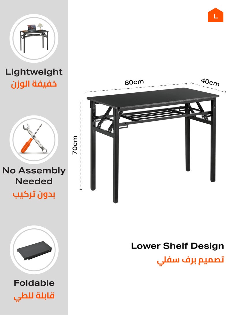 LAWAZIM Folding Table - Double Layer, 80x40cm, Black - Foldable Rectangular Wooden Workstation Desk with Storage Shelf, Iron Frame, No Assembly Required - for Home Office, Study, Dorm, Small Spaces - Image 3
