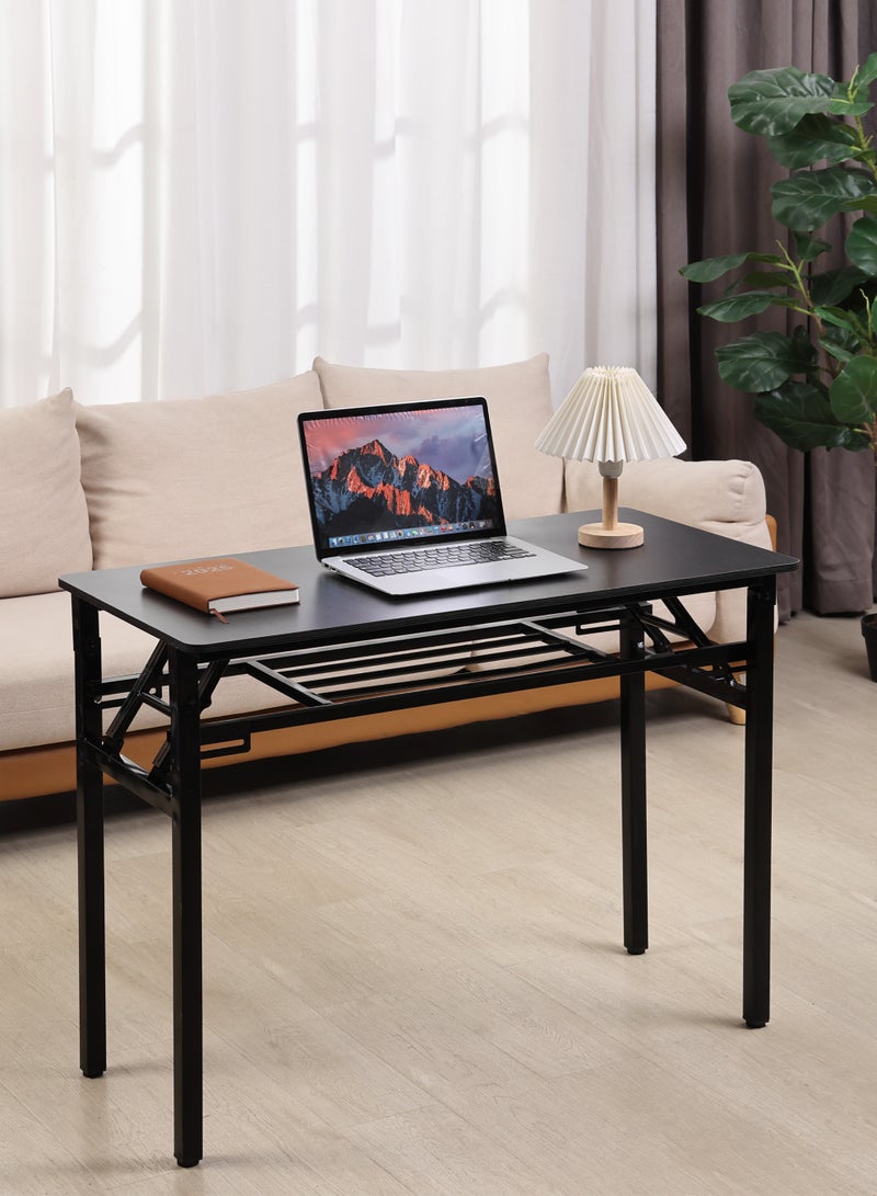 LAWAZIM Folding Table - Double Layer, 80x40cm, Black - Foldable Rectangular Wooden Workstation Desk with Storage Shelf, Iron Frame, No Assembly Required - for Home Office, Study, Dorm, Small Spaces - Image 1