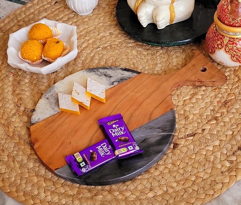 RM Stone Platter Tray Marble Wood Cutting Board 14 inch Serving Platter for Charcuterie Marble Pastry Board Oval Shape Cutting Board Cheese Tray 1 Piece - Image 1