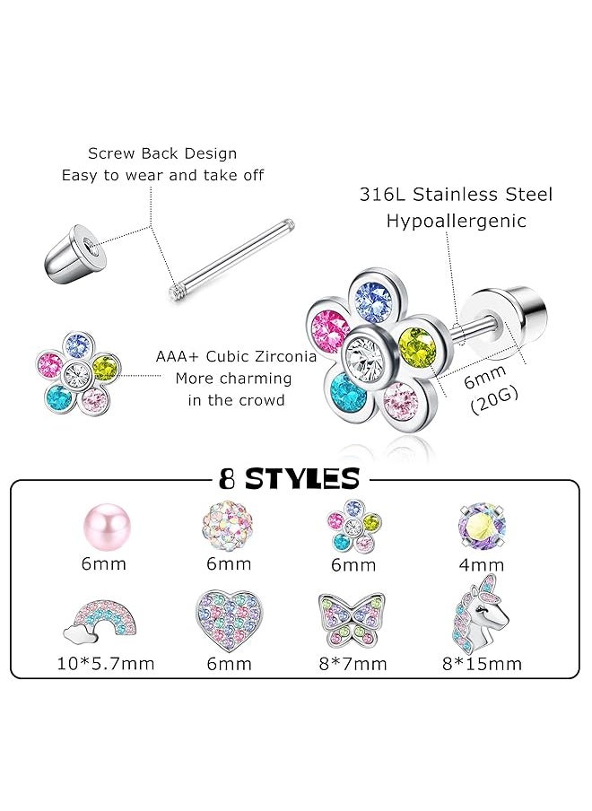 Besteel - 8 Pairs Hypoallergenic Screw Back Earrings For Girls Women 316L Stainless Steel Pearl Heart Flower Turtle Butterfly Stud Earrings Jewelry Gift Women Girl - Image 1