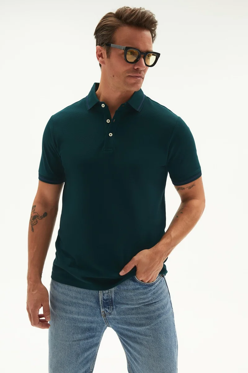 JUNE Men's Regular Fit 100% Cotton Striped Detailed Polo Neck T-Shirt