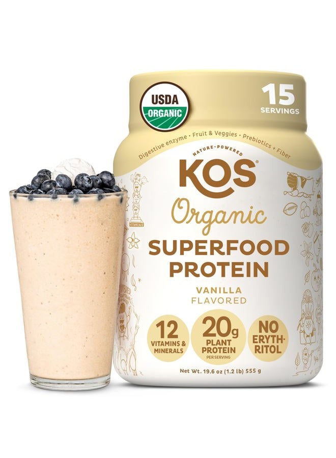KOS Vegan Protein Powder Erythritol Free, Vanilla - USDA Organic Pea Protein Blend, Plant Based Superfood Rich in Vitamins & Minerals - Keto, Dairy Free - Meal Replacement for Women & Men, 15 Servings - Image 1