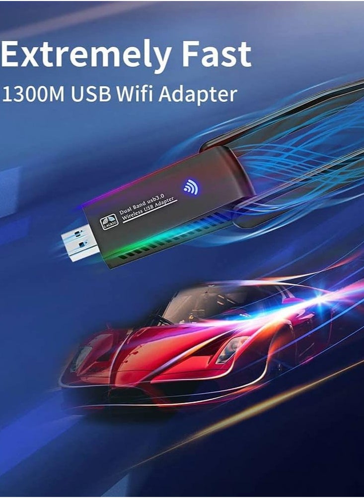 Generic - Wireless USB WiFi Adapter,1300Mbps Dual Band 2.4/5Ghz Wireless Network External Receiver,5dBi Dual Band Wifi Dongle For PC/Desktop/Tablet/Laptop - Image 1