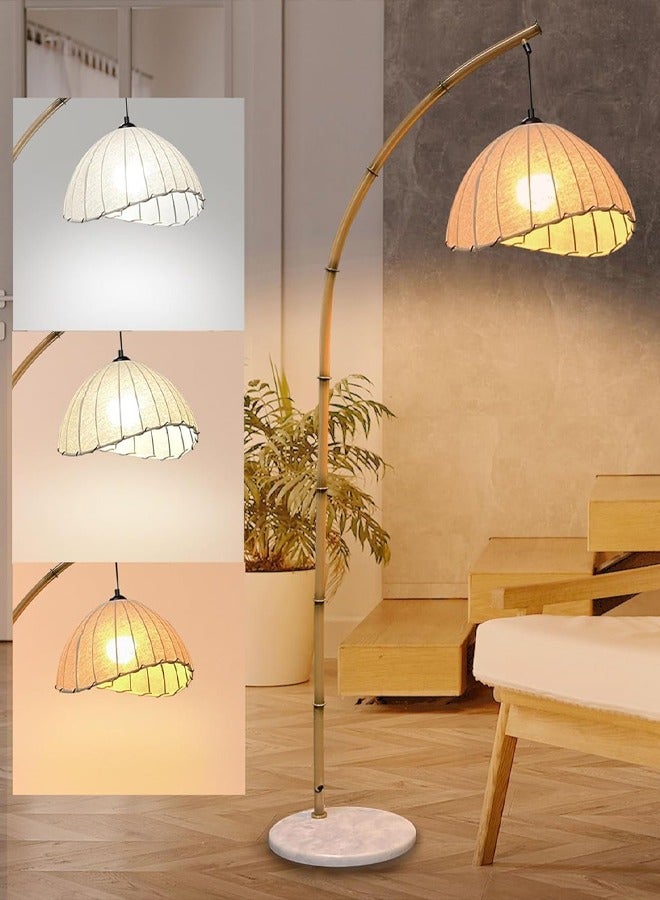 VUCATIN Bamboo Floor Lamp Boho Floor Lamp for Living Room with 3 Color Temperatures Rattan Arc Standing Tall Lamps for Bedroom Restaurant Study Room Office Marble Base - Image 1