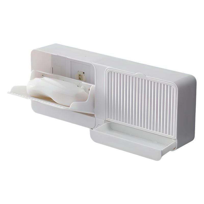 HOMSLECTO Wall Mounted Two Soap Box with Lid Durable Bathroom and Kitchen Soap Holder with draining Tray and Self Adhesive Tape (White) - Image 1