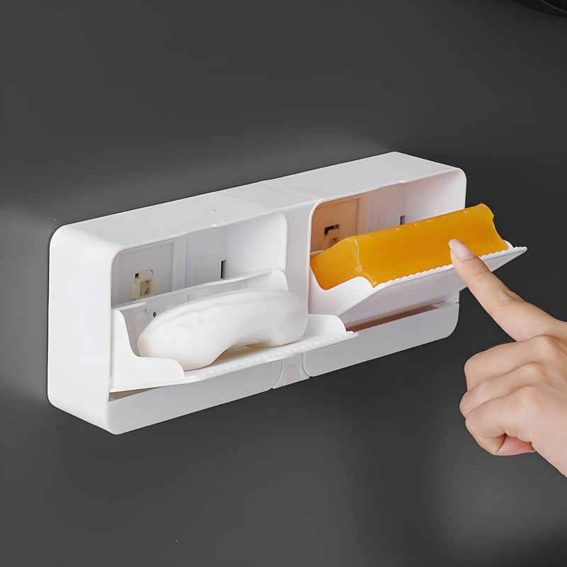 HOMSLECTO Wall Mounted Two Soap Box with Lid Durable Bathroom and Kitchen Soap Holder with draining Tray and Self Adhesive Tape (White) - Image 2