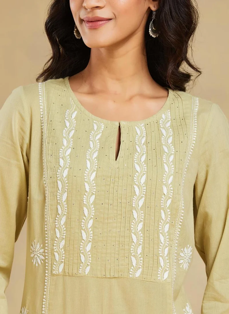Fabindia Green Cotton Slim Fit Chikankari Long Kurta