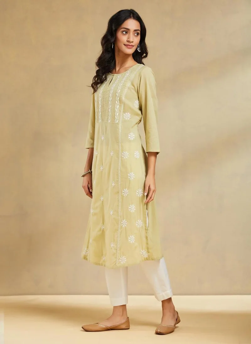 Fabindia Green Cotton Slim Fit Chikankari Long Kurta