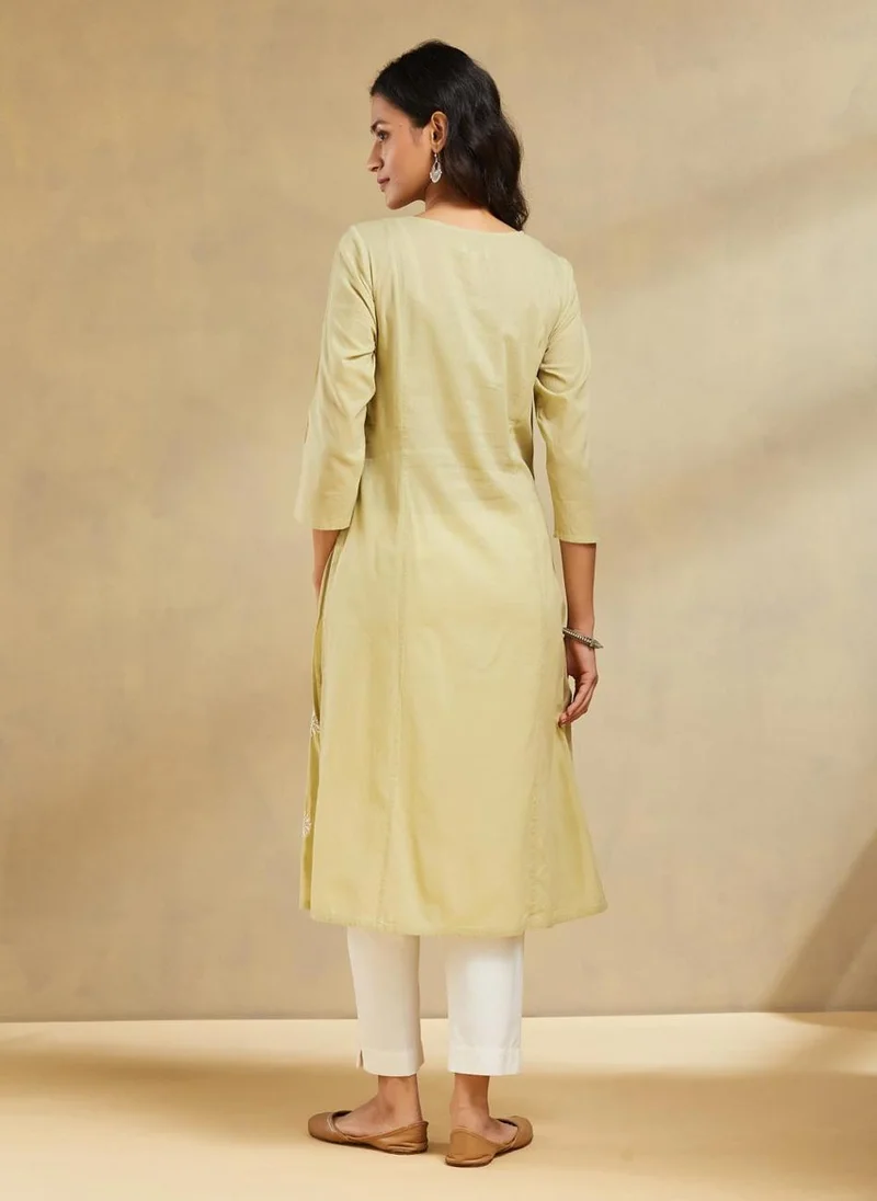 Fabindia Green Cotton Slim Fit Chikankari Long Kurta