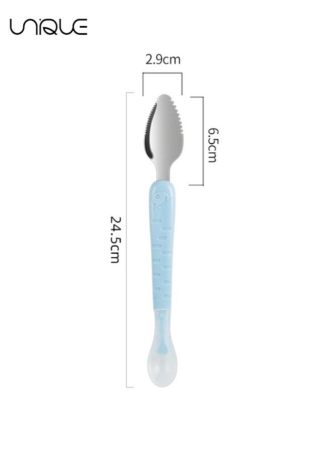 Unique 1 Pcs Double Head Baby Silicone Food Spoon Baby Fruit Scraping Mud Spoon Soft Baby Feeding Spoon Baby Food Scraper Spoon for Infants Baby Fruit Scraping Feeding（Blue+With Box）  - Image 2