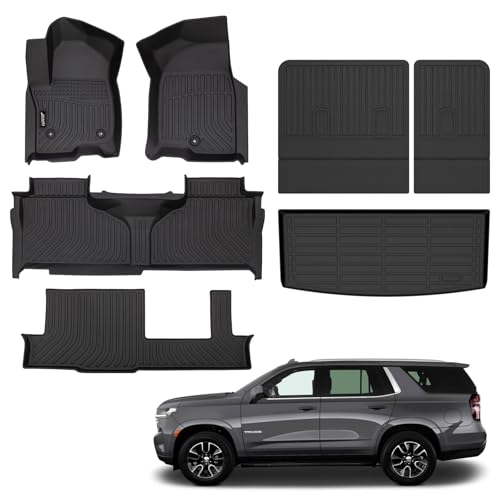 Jenofa-Car Floor Mats for Chevy Tahoe/GMC Yukon 2021-2025 8-Seater Bench All Weather Mats Full Set Waterproof Floor Liners Custom Accessories Black (Floor Mats & Rear Seat Back Mats & Cargo Liner) - Image 1