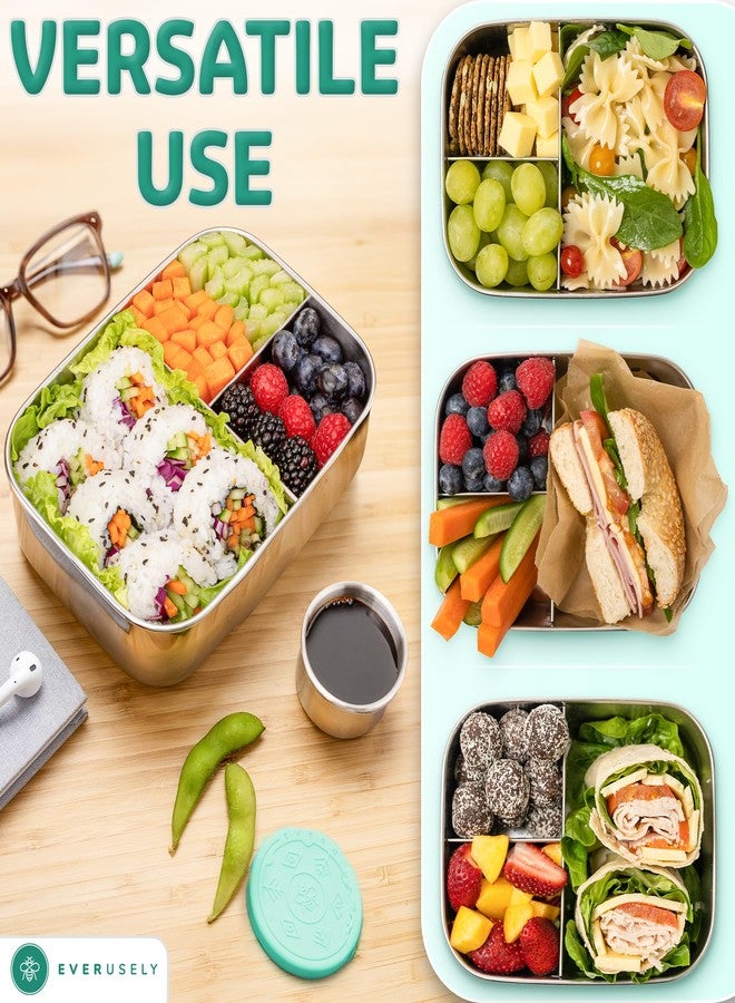Everusely - Bento Box - Green - 1.1 L - Stainless Steel Lunch Box with Leak-proof Spice Container - Snack Container with 3 Compartments - Image 5