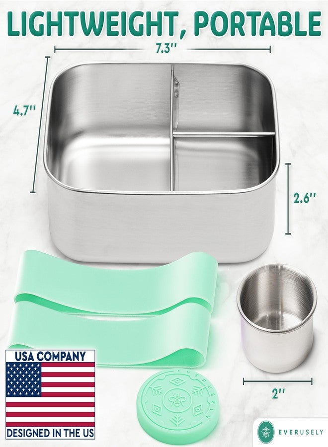 Everusely - Bento Box - Green - 1.1 L - Stainless Steel Lunch Box with Leak-proof Spice Container - Snack Container with 3 Compartments - Image 2