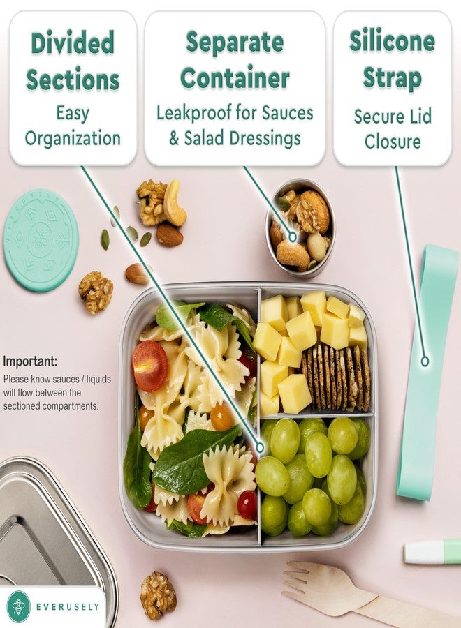 Everusely - Bento Box - Green - 1.1 L - Stainless Steel Lunch Box with Leak-proof Spice Container - Snack Container with 3 Compartments - Image 4