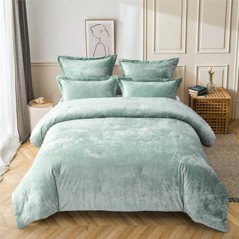 Fredsure Distressed Velvet Comforter Set 5 Pieces Sage Green King Distressed Velvet Face and Brushed Microfiber Reverse