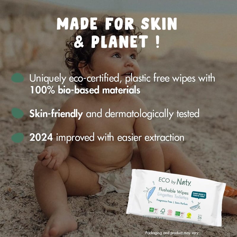 ECO by Naty مناديل ناتي القابلة للشطف للأطفال والرضع | مصنوعة من نباتات، قائمة على الماء للبشرة الحساسة | مناديل تدريب على الحمام طبيعية وغير معطرة | قابلة للتحلل في الماء، خالية من البلاستيك، خالية من العطور | 504 قطعة (12 عبوة) - Image 3