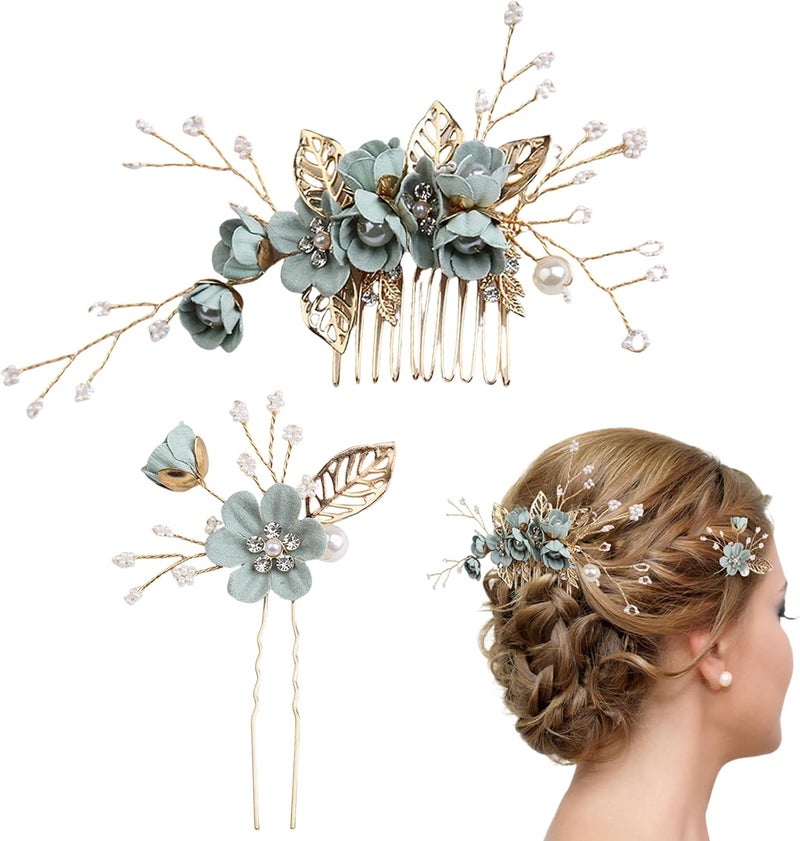2 PCS Green Hair Comb Pearl Crystal And Hair Clip Bridal Hair Accessories Flower Fascinator Headpieces Flower Hair Pins For Women Wedding Pearl Hair Pieces Hair Comb for Brides Bridesmaid Girl