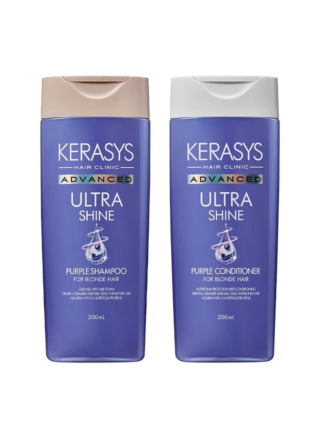 Kerasys - Advanced Keratin Ceramide Ampoule Clinic For Blonde Hair Ultra Shine Purple 6.7 Fl Oz / 200 Ml (Shampoo + Conditioner Set) - Image 1