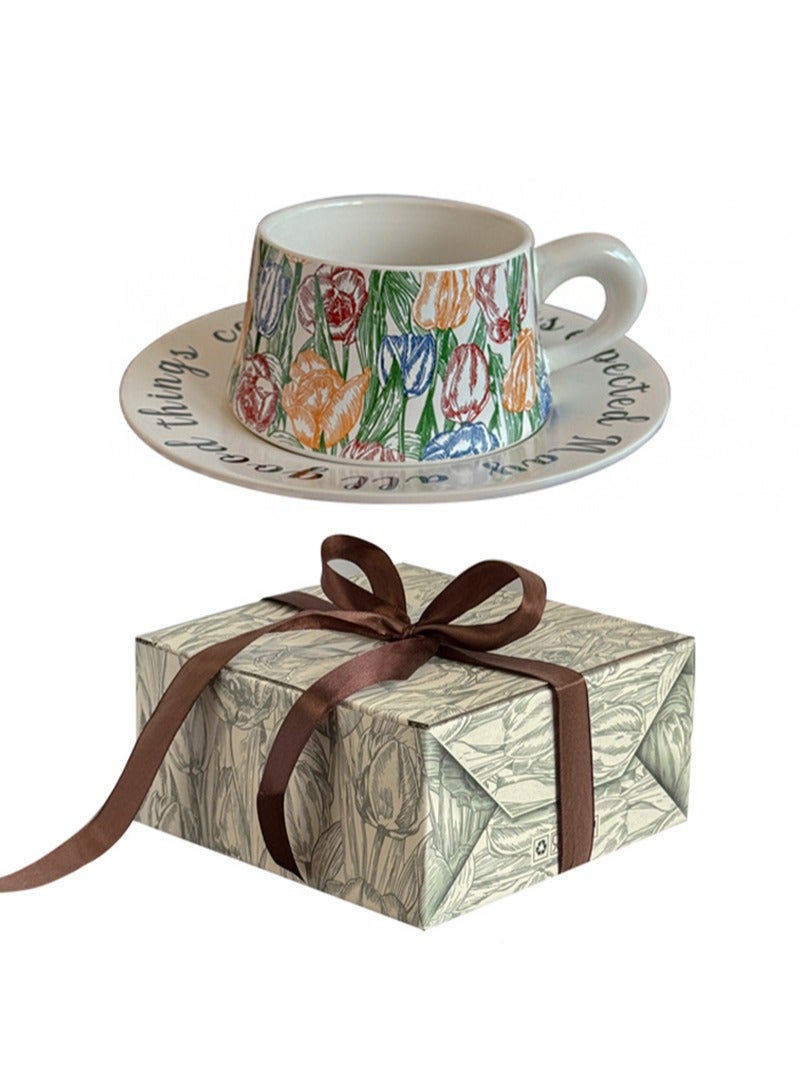 Aikanbo Ceramic Coffee Cup and Saucer Gift Box Set，Vintage Floral Design，Perfect for Espresso，Tea or Coffee Lovers， Gift Boxed for Home，Office or Special Occasion (Tulip) - Image 1