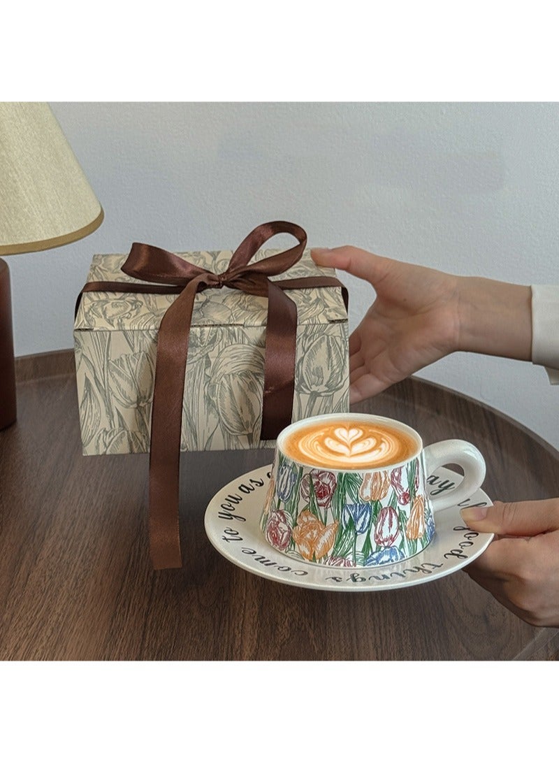 Aikanbo Ceramic Coffee Cup and Saucer Gift Box Set，Vintage Floral Design，Perfect for Espresso，Tea or Coffee Lovers， Gift Boxed for Home，Office or Special Occasion (Tulip) - Image 3