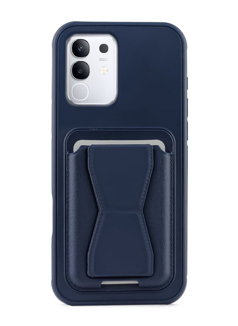 Leather back cover with card wallet Foldable Shockpoof Case compatible with Vivo Y29 4G (Blue)