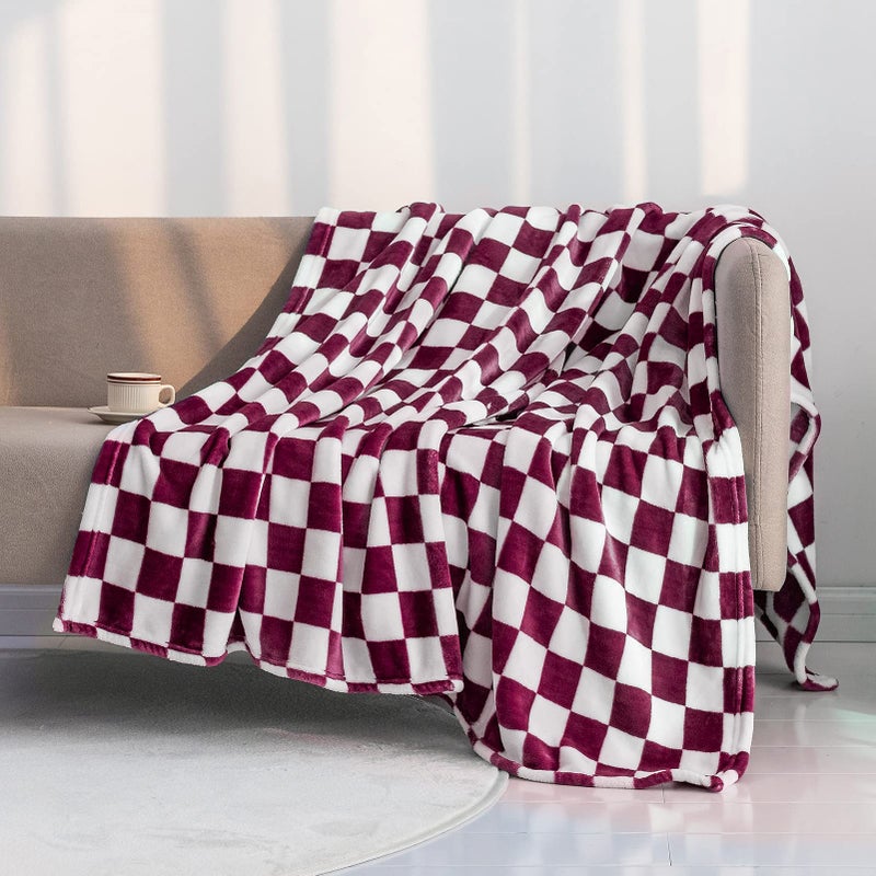 LOMAO Throw Blankets Flannel Blanket with Checkerboard Grid Pattern Soft Throw Blanket for Couch Bed Sofa Luxurious Warm and Cozy for All Seasons Burgundy 50x60