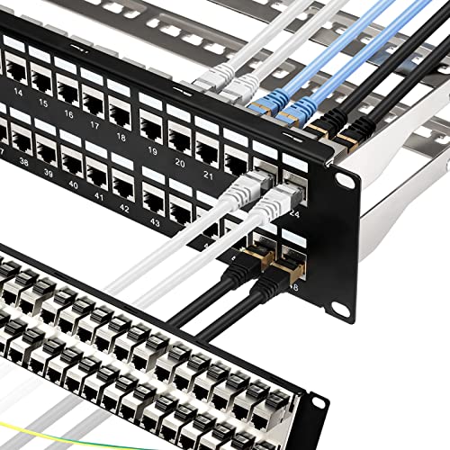 Rapink Patch Panel 48 Port Cat6A with Inline Keystone 10G Support, Coupler Patch Panel STP Shielded 19-Inch with Removable Back Bar, 1U Network Panel for Cat7, Cat6, Cat6A, Cat5e - Image 1