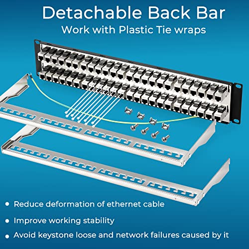 Rapink Patch Panel 48 Port Cat6A with Inline Keystone 10G Support, Coupler Patch Panel STP Shielded 19-Inch with Removable Back Bar, 1U Network Panel for Cat7, Cat6, Cat6A, Cat5e - Image 5