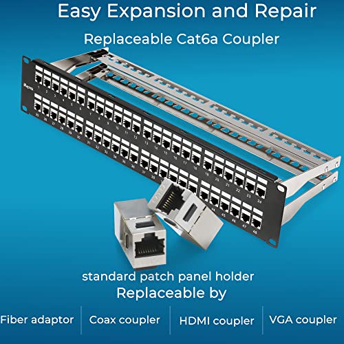 Rapink Patch Panel 48 Port Cat6A with Inline Keystone 10G Support, Coupler Patch Panel STP Shielded 19-Inch with Removable Back Bar, 1U Network Panel for Cat7, Cat6, Cat6A, Cat5e - Image 4
