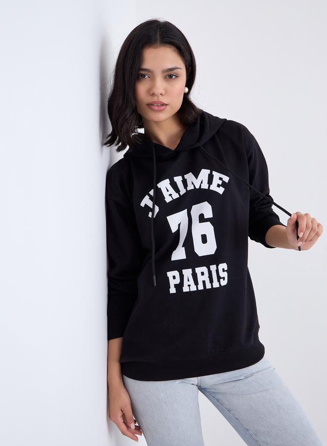 Styli Black Longline Graphic Print Hoodie - Image 1