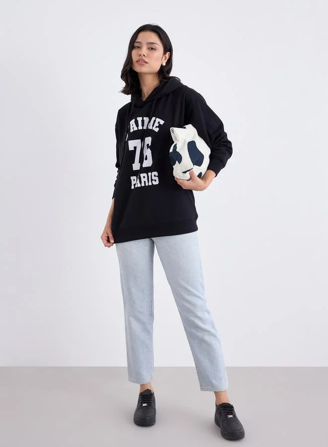 Styli  Styli Black Longline Graphic Print Hoodie for Women | Best Price UAE