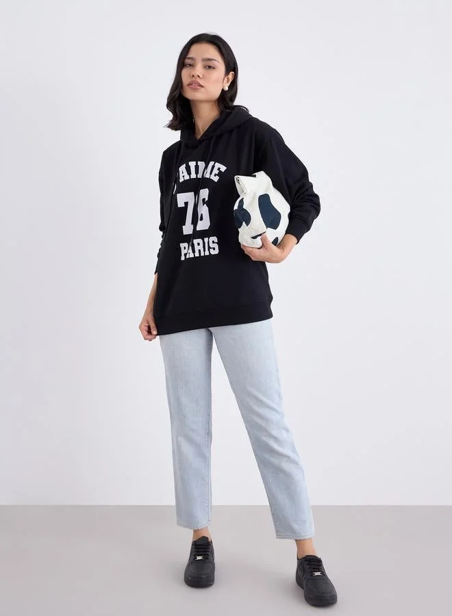 Styli Styli Black Longline Graphic Print Hoodie